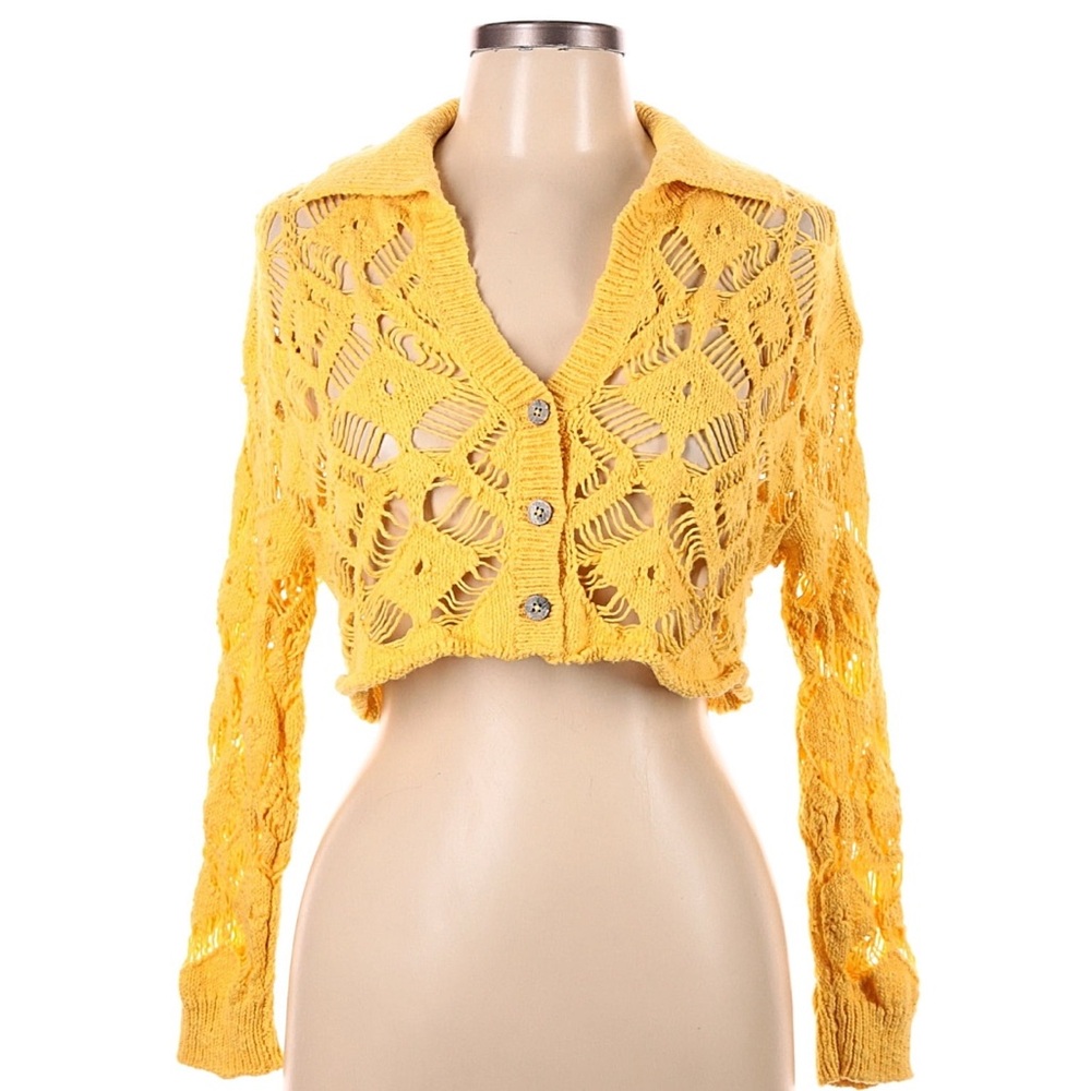 Free People yellow crop cardigan small 100% cotton